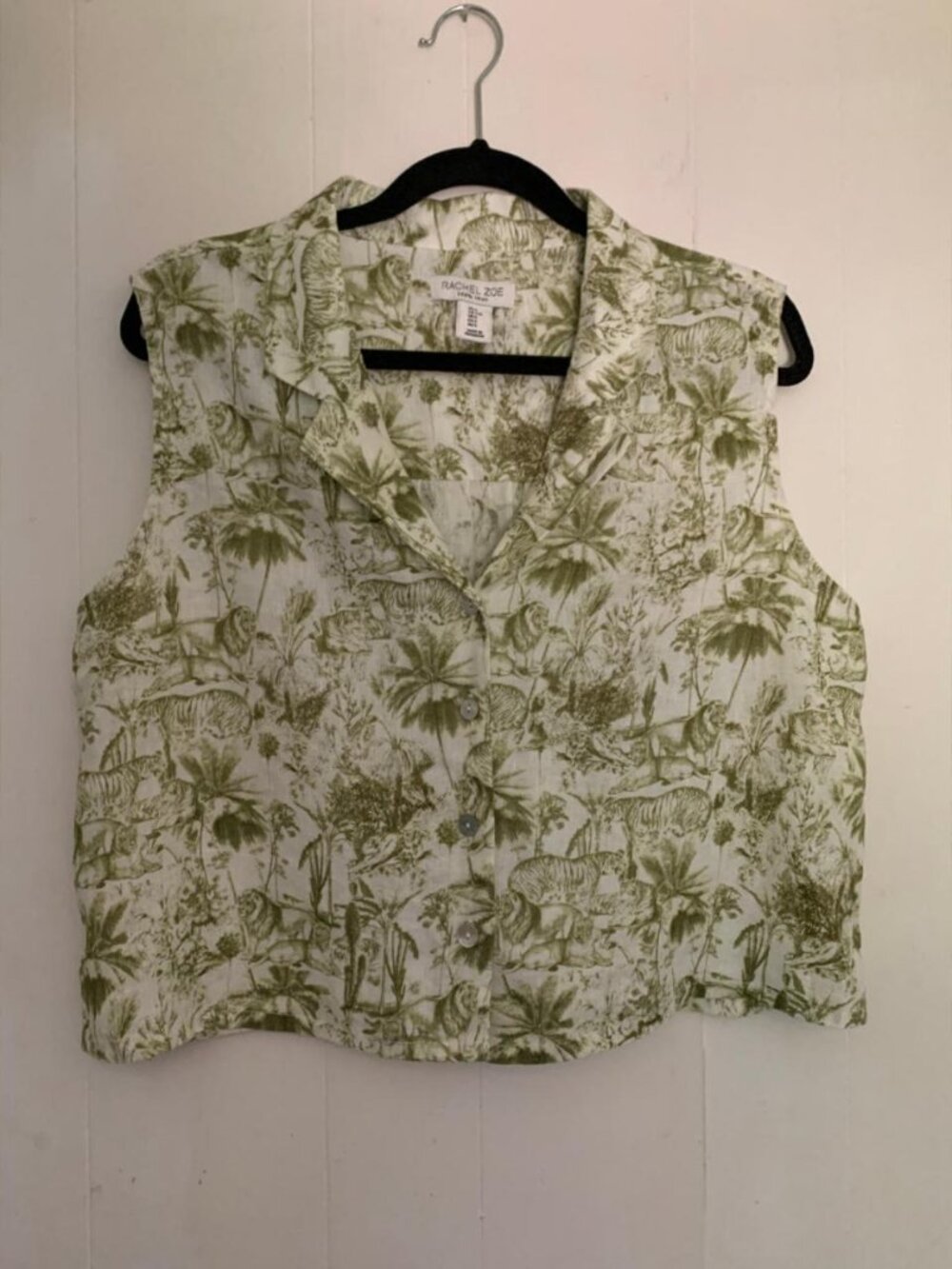 Rachel Zoe 100% linen safari print sleeveless button-up crop top size L